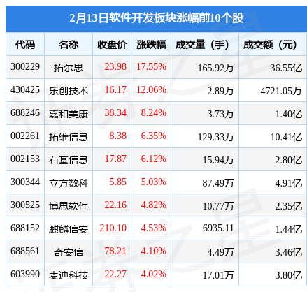 软件开发板块2月13日涨096%拓尔思领涨北向资金增持321亿元开云体育 开云官网(图1)